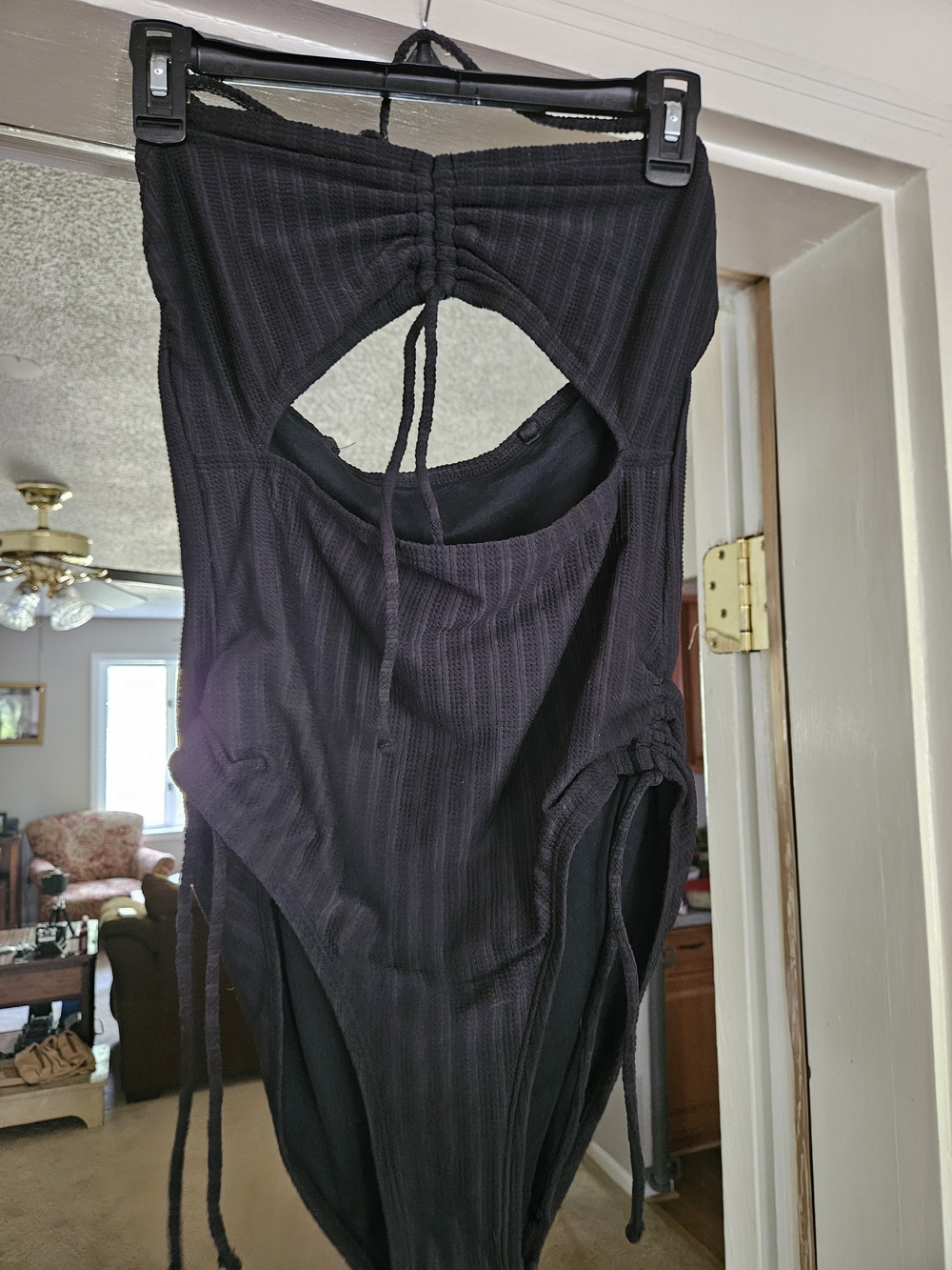 Ribbed Black Women’s Swim Bodysuit with Ruched Cutout